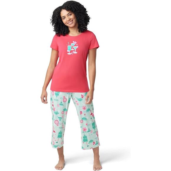 HUE Womens Medium Tipsy in Tucket Short Sleeve Shirt Capri Pants 2 Piece Pajamas - Picture 1 of 6